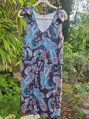 Paisley V-Neck Midi Dress in Teal and Black with Tie Straps